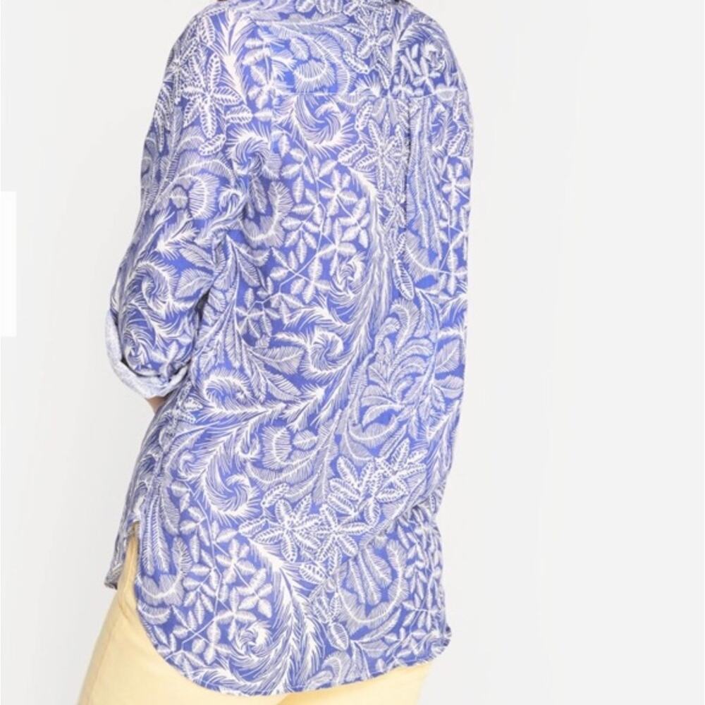 J Mclaughlin‎ 100% Linen Button Up Shirt Britt Blouse Navy Blue White Size XS - Picture 2 of 10